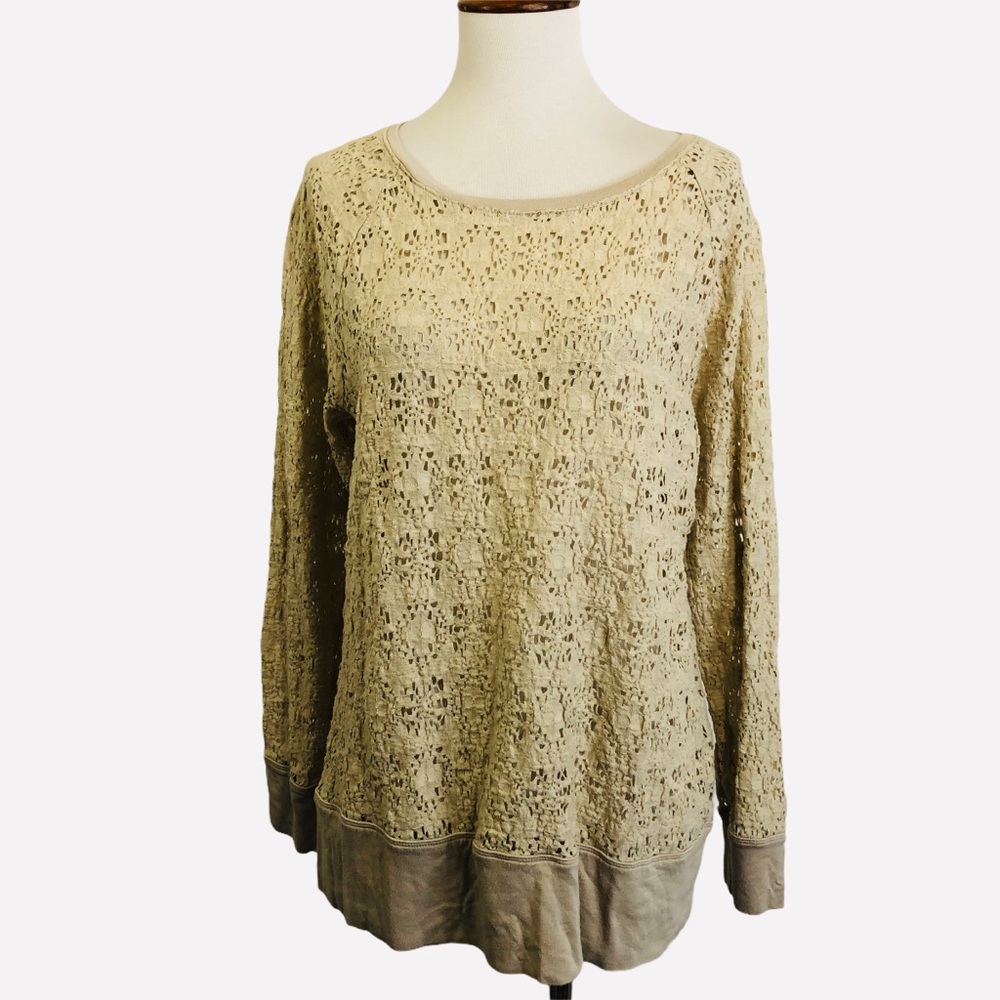 Chicos Top Beige Pierced Lace Long Sleeve Medium 8